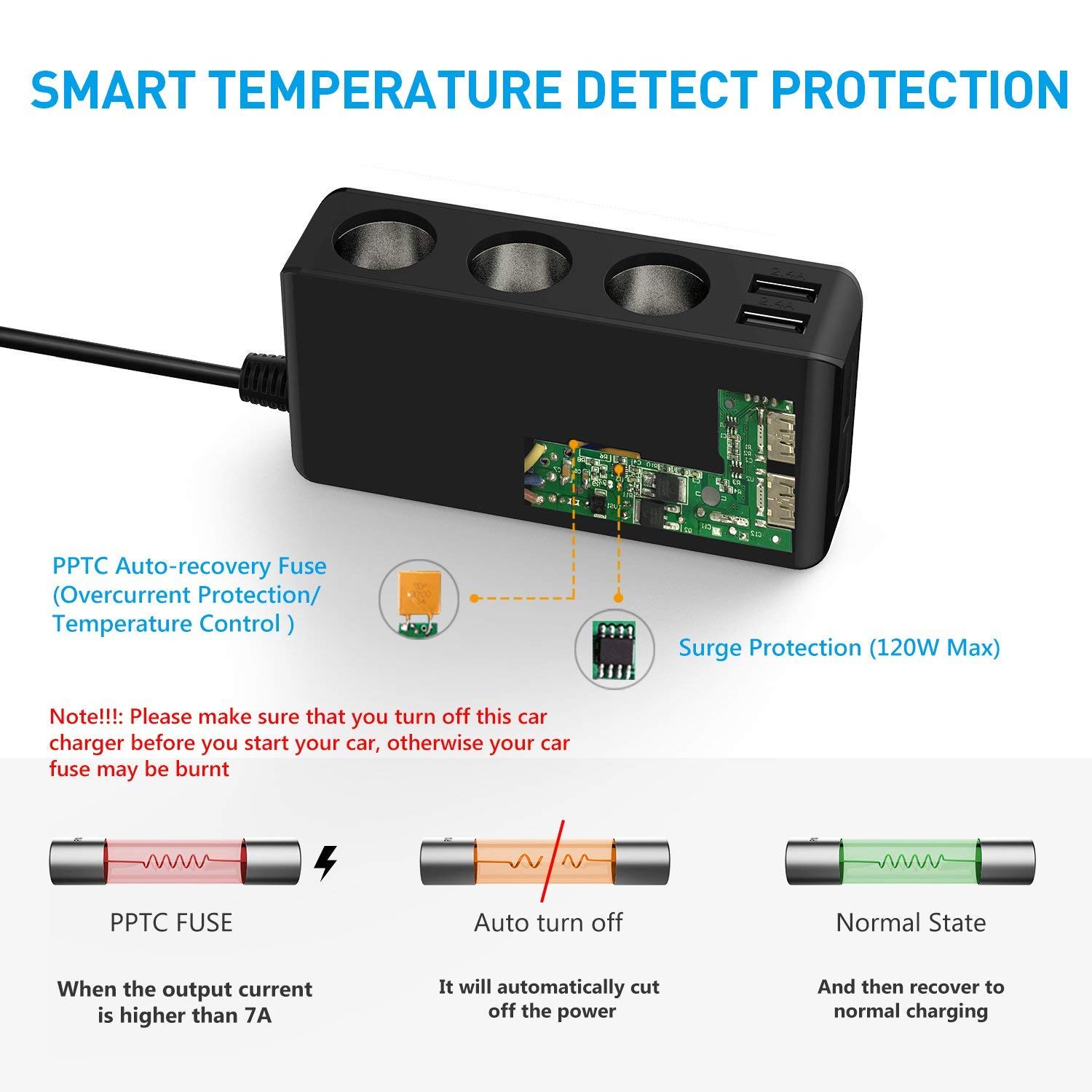 Tesla\'s 3-Socket Cigarette Lighter Car Charger, [Built in Temperature Smart Detection] 120W Car Power Adapter 12V/24V DC Outlet with 6.8A 4-Port Car Charger for GPS, Dash Cam, Radar Detector, Sat Nav; iPhone, Samsung, iPad, Kindle and Othe