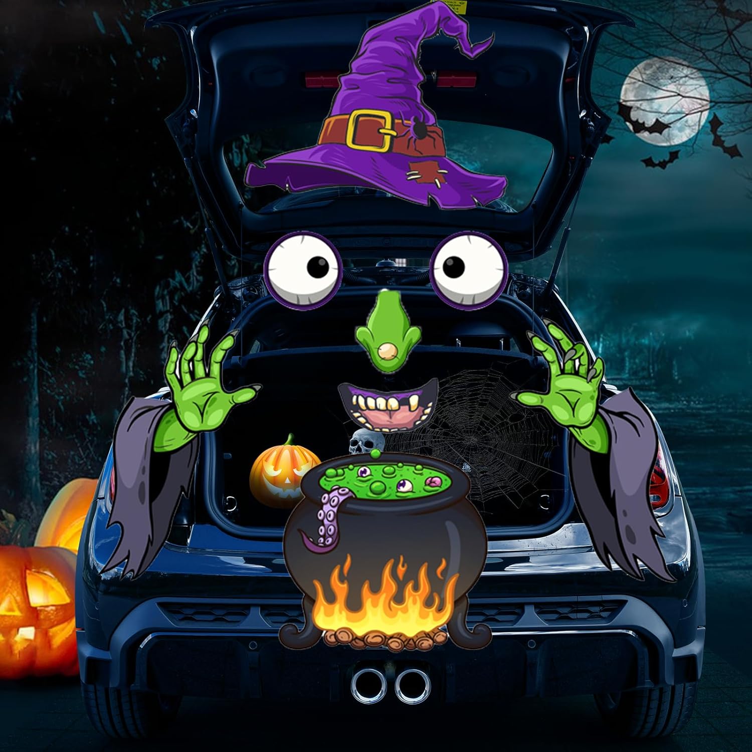 Garage Door Decorations - UPSINGK Halloween Witch Trunk or Treat Car Decoration, Treat Archway Garage Decoration with Eyes, Fangs, Ears, Wings and Double Side Stickers for Halloween Home Party Outdoor Decor