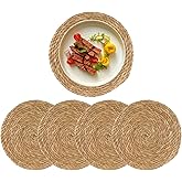 Round Woven Placemats Set of 4, 12" Boho Rattan Placemats Natural Hand-Woven Place Mats Table Decor, Chargers for Dinner Plat