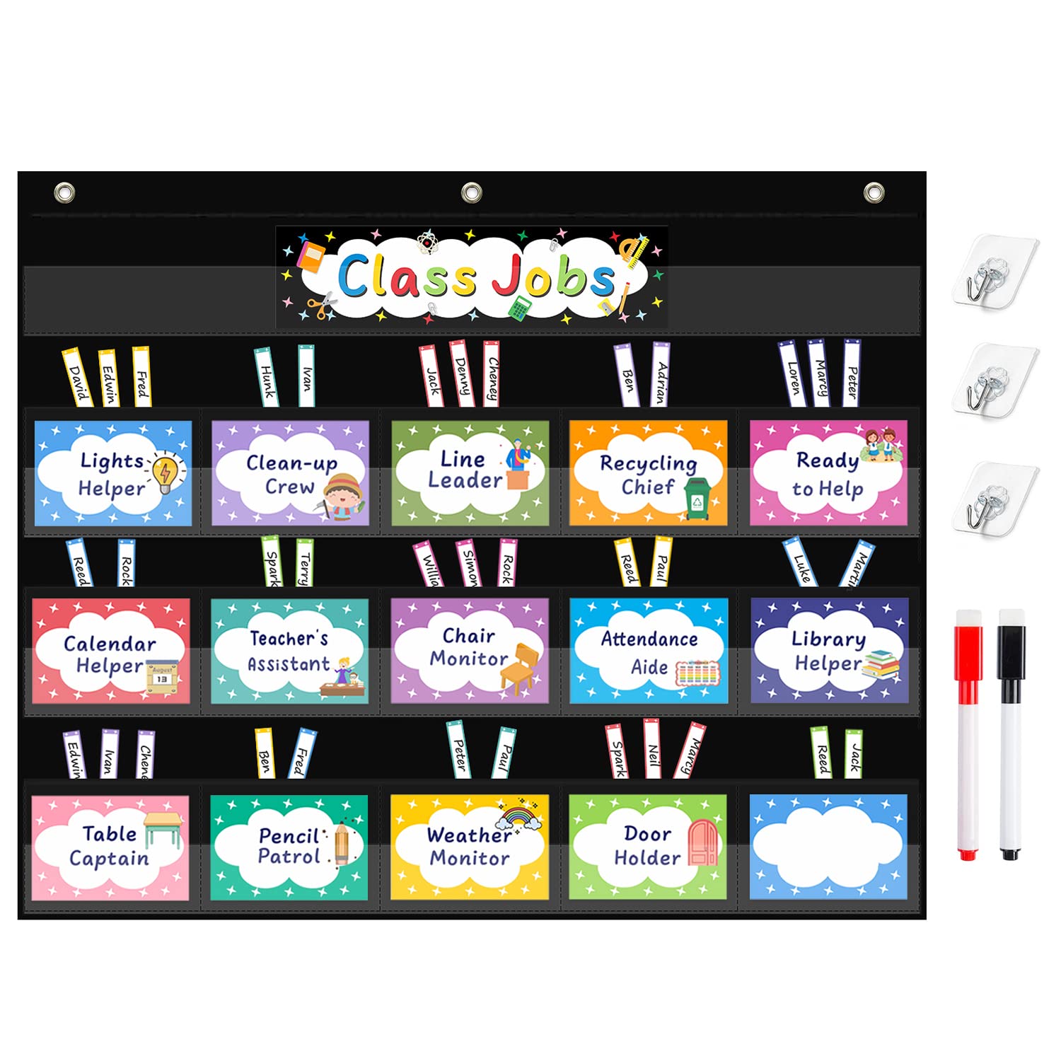 ANSTROUT 16 Pockets Class Jobs Chart with 70 Colorful Dry Erase Cards and 3 Hooks,Class Management Educational Pocket Chart Teacher's Helper Size: 24.5”x21.8”inch Bulletin Board for Classroom (Black)