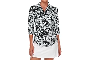 Tanst Sky Womens Golf Polo Shirts Zipper 3/4 Sleeve Moisture Wicking Tops UPF 50+ Workout Tennis Apparel