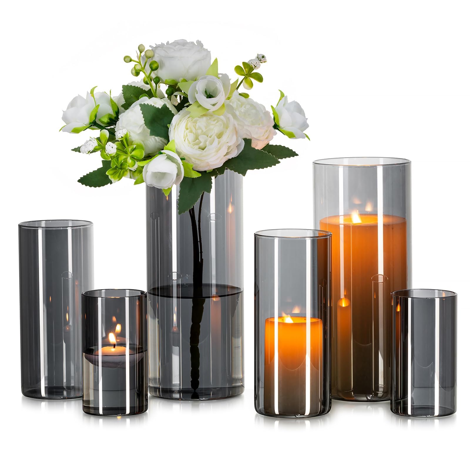 Glasseam Glass Cylinder Vase Grey: 6Pcs Modern Flower Vases for Living Room Dining Table Centrepiece - Decorative Hurricane Candle Holders Pampas Grass Tulip Vase for Flowers (10/15/20cm)