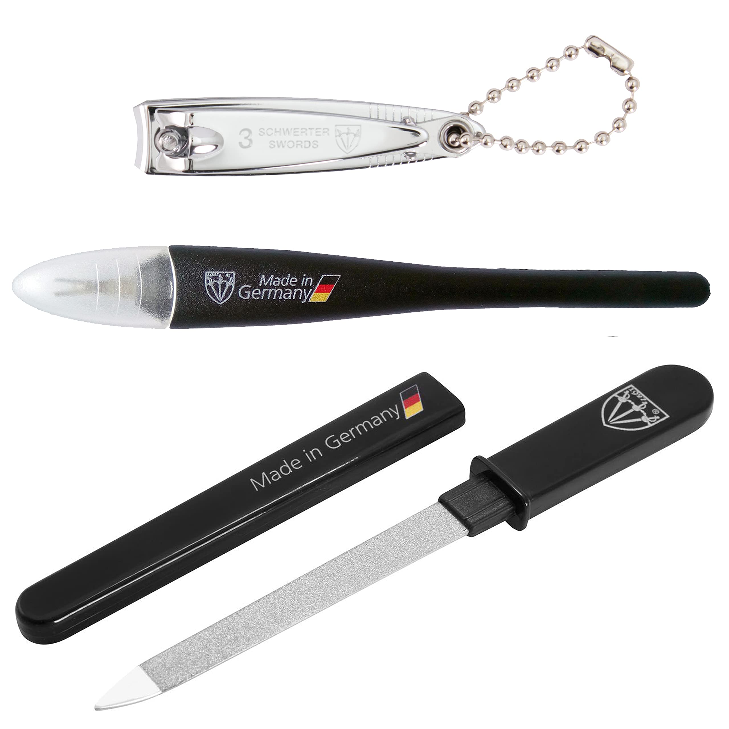 3 Swords Germany - brand quality CUTICLE REMOVER and POCKET NAIL FILE and NAIL CLIPPER - emergency nail repair kit - MUST HAVE