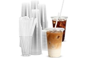 Goodluck 100 Pack 20oz Plastic Cups with Lids and Straws, Clear Disposable Iced Coffee Cups, Food Safe Cold Drink Cups for Bu