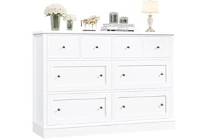 FINETONES White Dresser with 8 Drawers, 47.2" White Dressers & Chest of Drawers with Large Storage, Long Dresser with Deep Drawers for Home Office