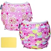 EZ Moms Baby Swim Diapers Reusable 2Pcs Snap One Size Adjustable Washable Newborn Infant Swim Diaper with a Shammy Towel for Baby Girl Water Diaper Waterproof Swimming Diapers for Swimming Lessons