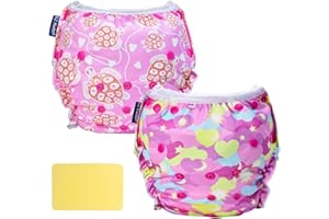 EZ Moms Baby Swim Diapers Reusable 2Pcs Snap One Size Adjustable Washable Newborn Infant Swim Diaper with a Shammy Towel for Baby Girl Water Diaper Waterproof Swimming Diapers for Swimming Lessons