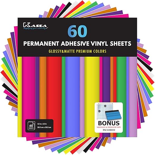 Kassa Permanent Vinyl Sheets (Pack of 60, 12” x 12”) Includes Bonus