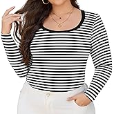 FOREYOND Plus Size Long Sleeve Shirts for Women Striped Scoop Neck Tops Slim Fitted Basic T Shirt Stretchy Casual Tee