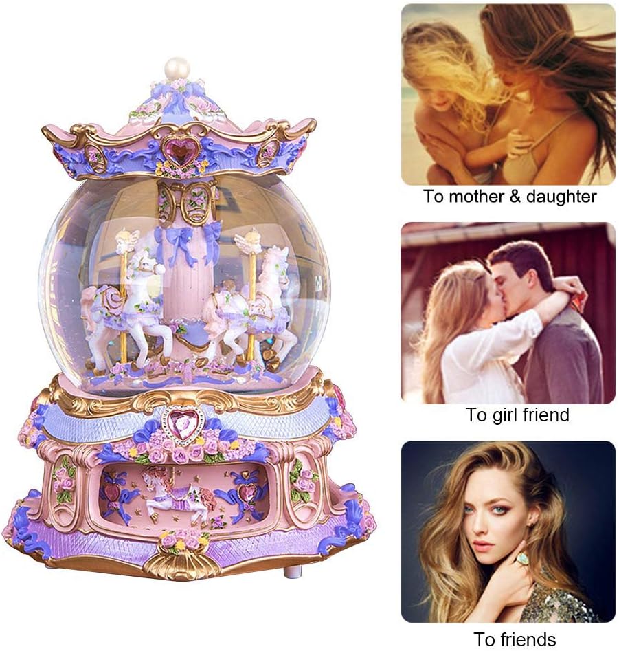 HIOTECH Rococo Style Rotate Music Box with Light (6 Colors) Changing, 3-Horse Luxury Carousel Crystal Ball Toy with Castle in The Sky Tune Perfect for Birthday Gift Valentine's Day (Purple)