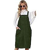 Flygo Women's Corduroy Jumper Overall Pinafore Midi Dress Skirt with Pockets