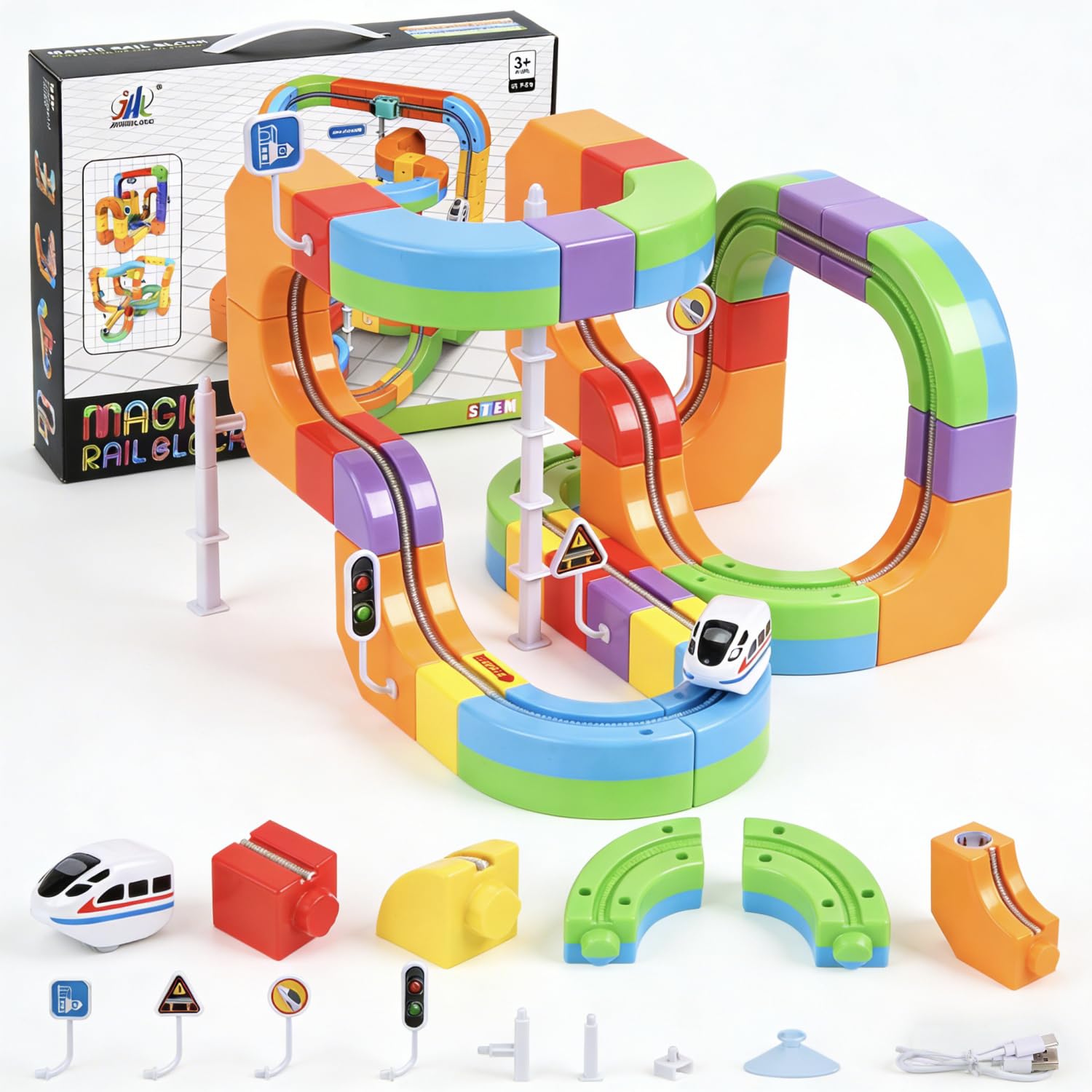 Azazaza Clickrail Electric Train Set, 3D STEM Magic Rail Cube Train Set, Track Fusion Toy with Flexible Building Race Track & Gravity-Defying Train, DIY Cube Track Educational Toy for Boys & Girls 3+