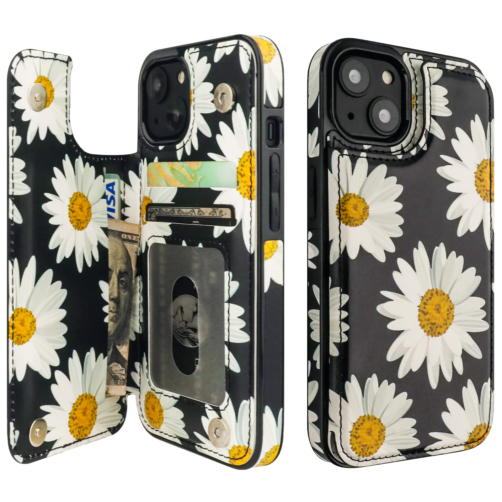 HAOPINSH for iPhone 13 Case Wallet with Card Holder, Daisy Florals Pattern Back Flip Folio PU Leather Kickstand Card Slots Case for Women Girls, Double Magnetic Clasp Shockproof Cover 6.1"