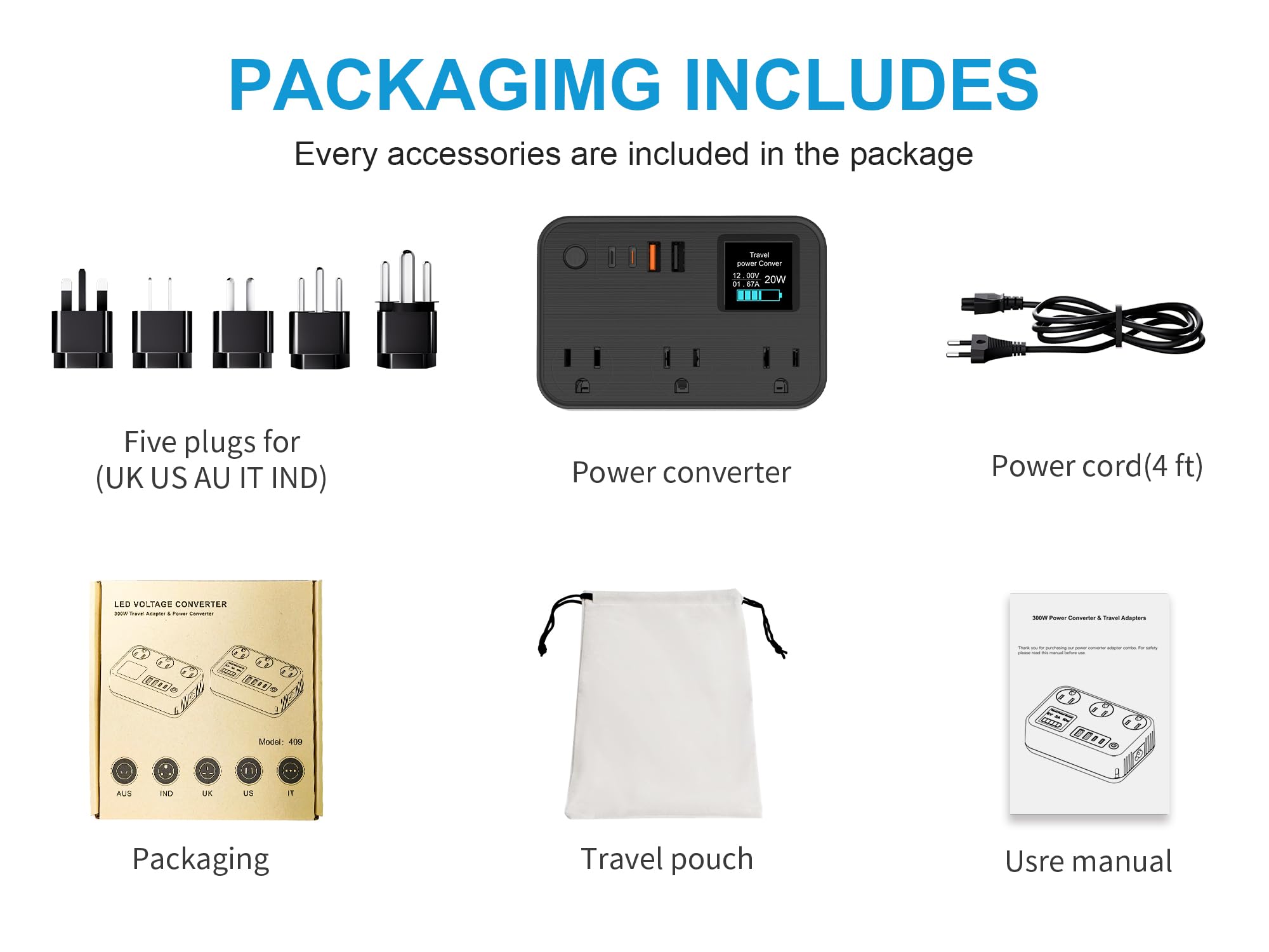 350W Converter Plug with 2 USB and 2 USB-C (20W PD) Fast Charging International Travel Converter for 220V to 110V for 100V-240V and Including US/EU/UK/India/South Africa Plugs (Black)