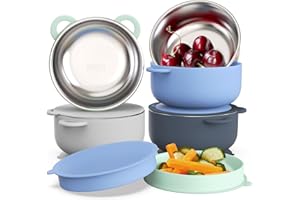 Bakpoco Baby Suction Bowls with Lids 4-Pack, 2-in-1 Stainless Steel 304 Toddler Bowl & Removable Silicone Suction Kids Bowl Plate Set Non Toxic Snack Dishes for Self-Feeding, Ocean Explorer Set
