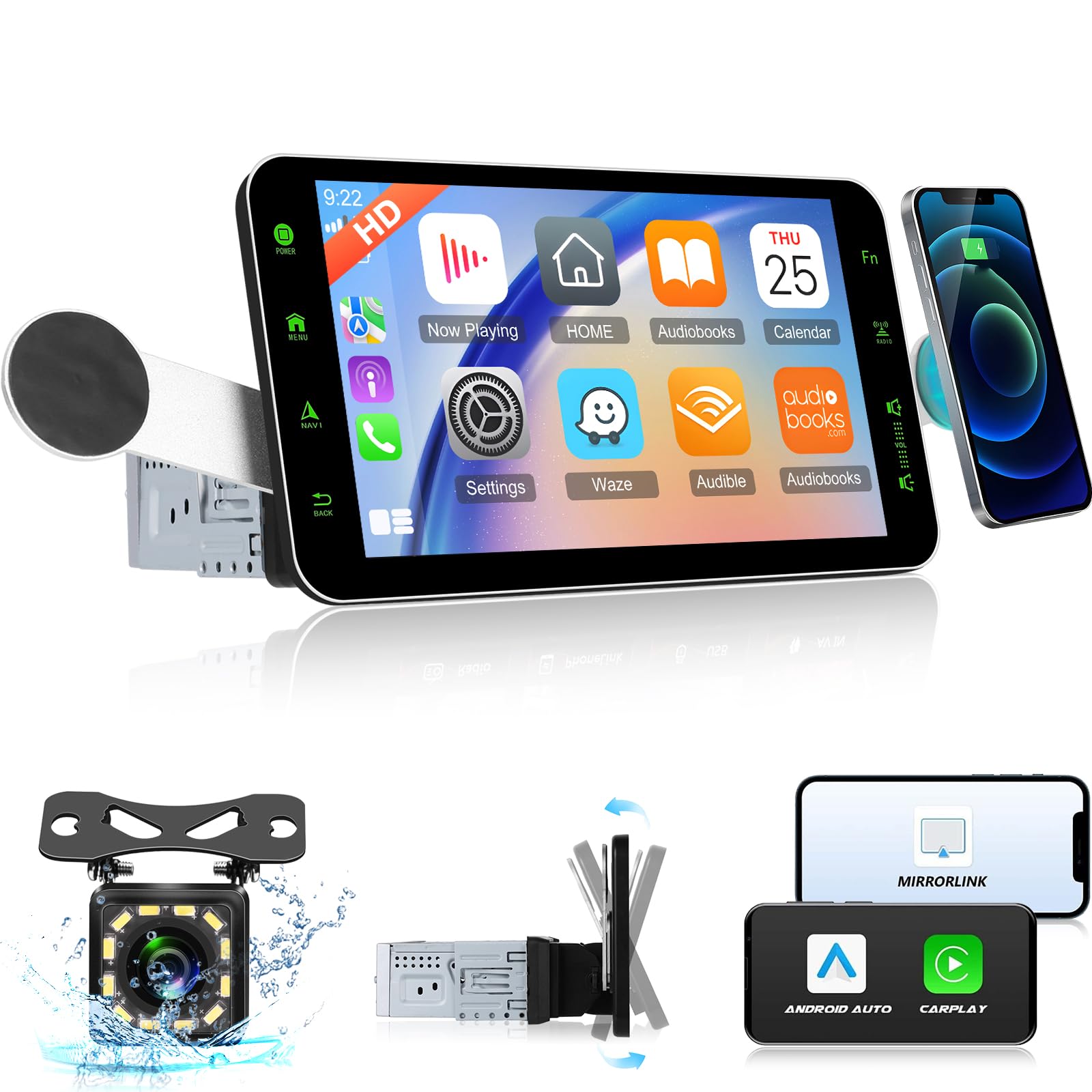 Photo 1 of **Parts Only** 1047553345
Single Din Wireless Apple Carplay Car Stereo - 9 Inch HD Touchscreen Android Auto Car Radio with Magnetic Phone Holders - EQ Settings, FM/AM/RDS Radio, BT 5.0, Mirror Link, SWC + Rear View Camera