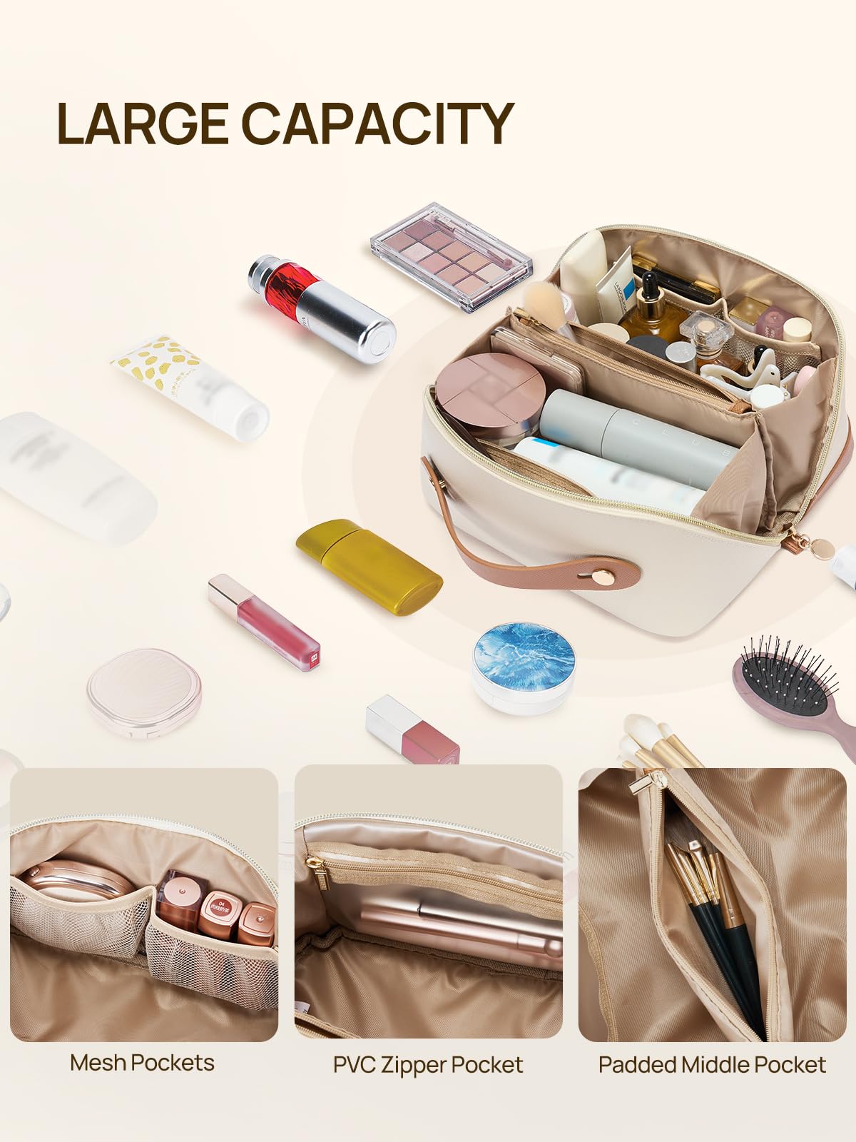 Telena Leather make up bag Large Capacity travel makeup bag cosmetic bag with Handle and Divider Open Flat