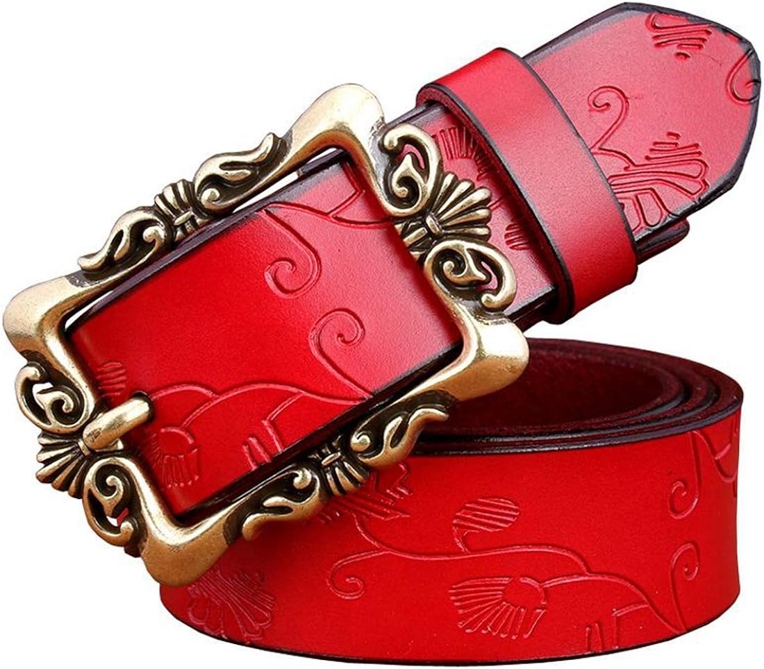 Leather Belts For Women Vintage Floral Pin Buckle Woman Belt High