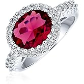 Bling Jewelry Vintage Art Deco Style 3ct Oval CZ Pave Simulated Red Garnet Emerald Green Cocktail Statement Fashion Ring for Women Silver Plated Brass Customizable