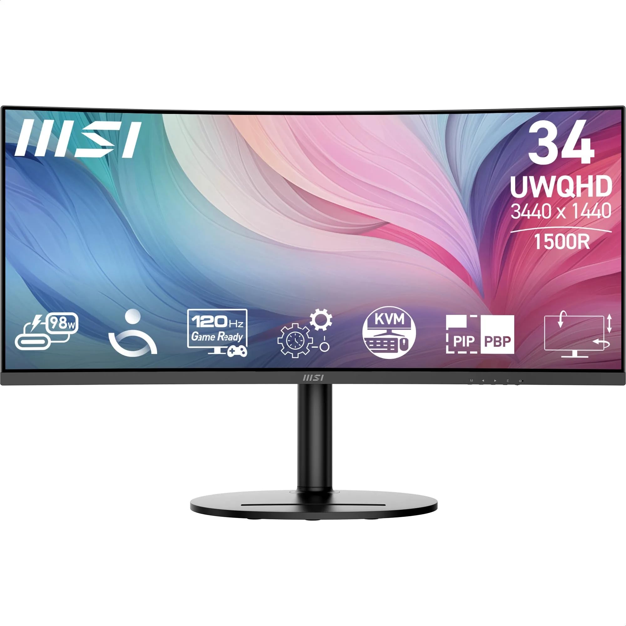 MSI Modern MD342CQP 34 Inch UWQHD 1500R Curved Monitor - 3440 x 1440 VA Panel, KVM, PIP/PBP, Wide Color Gamut, Eye-Friendly Screen, Built-in Speakers, 3-Way Adjustable - HDMI 2.0b, DisplayPort (1.4a)