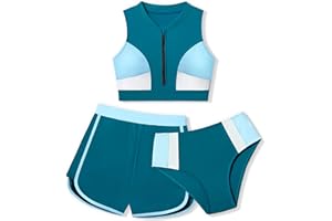 AGAPENG Girls Swimsuit 3 Piece Color Block Zipper Front Bathing Suit Bikini Set with Shorts Sporty Girls' Swimwear 7-16 Years