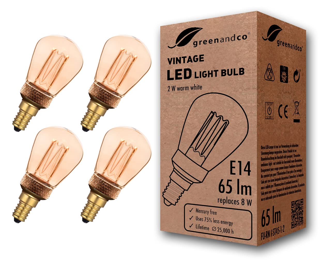 greenandco 4X Decorative LED Vintage Light Bulb | E14 ST45 | Amber | 2W 65lm | 1800K Extra Warm White | 320° | 230V | Flicker Free | Not Dimmable