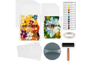 Faccito 2 Pack Gel Printing Plate Kit Complete Printmaking Set with 8" x 10", 5" x 7" Gelatin Plate Brayer Printmaking Paper Acrylic Paint and Essential Tools for Mixed Media Art Card Making