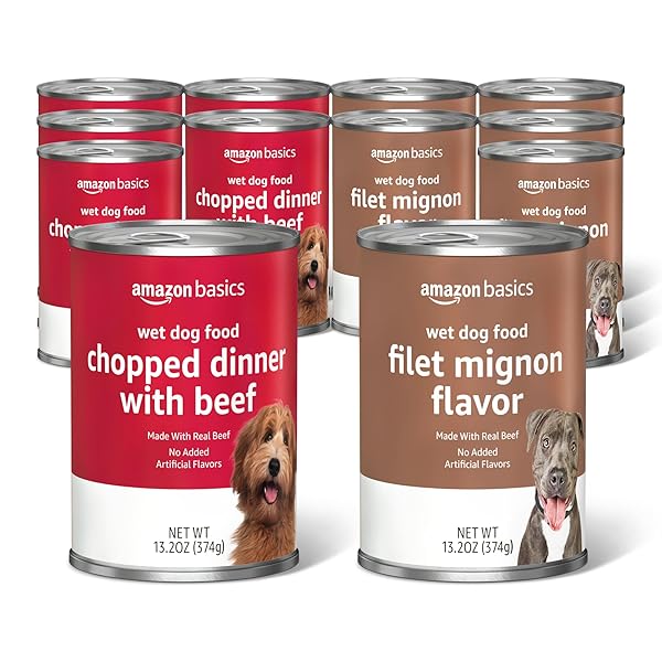 AMAZON BASICS CHOPPED GROUND DINNER WET DOG FOOD VARIETY PACK, FILET MIGNON FLAVOR AND WITH BEEF, MADE WITH NATURAL INGREDIENTS, 13.2OZ CANS (PACK OF 12)