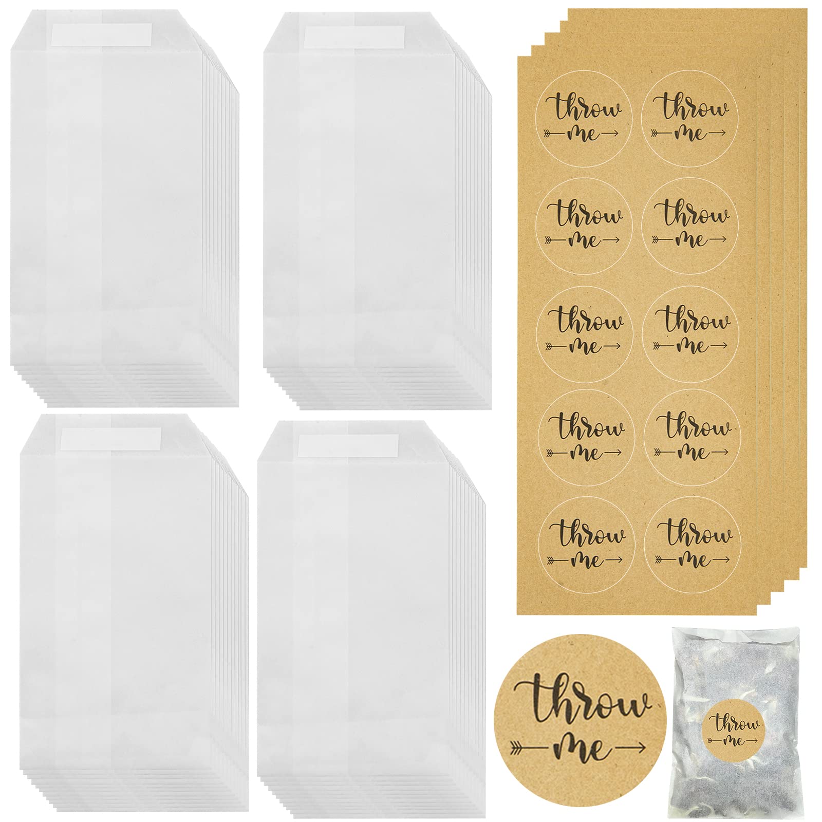 Leikedun Wedding Confetti Kit - 50pcs Glassine Bags 70x125mm With 100 PCS Kraft Brown Stickers - Biodegradable Favor Envelopes (B) — image 1