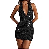 OYOANGLE Women's Sequin Sparkly Sleeveless Halter Bodycon Mini Dress Backless V Neck Cocktail Party Dresses
