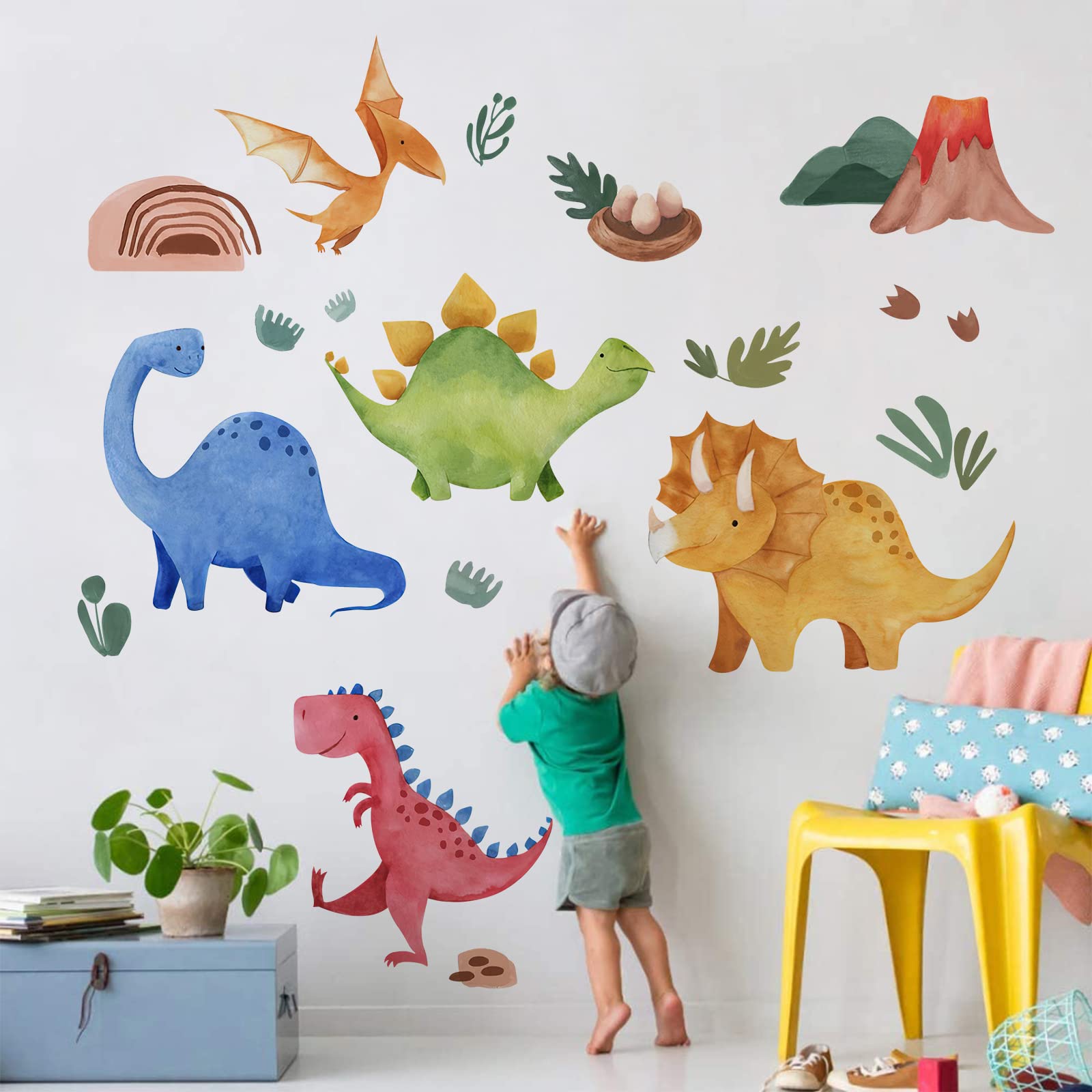Photo 1 of Yovkky Baby Dinosaur Wall Decals Stickers, Dino Volcano Cave Neutral Nursery Toddler Playroom Decor, Kids Room Home Decorations Girls Boys Bedroom Classroom Daycare Art