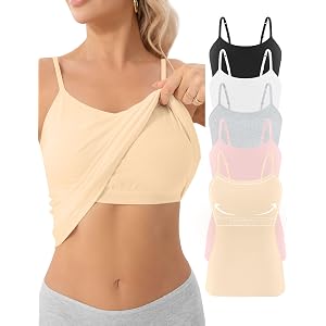 Missclub 5 Pack Womens Cotton Shelf Bra Camisole Spaghetti Strap Tank Top | Basic Undershits, Adiustable Straps Camis, Scoop
