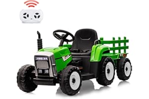 Nasitip 12V Battery Powered Electric Tractor with Trailer, Toddler Ride On Car w/Remote Control/7-LED Headlights/2+1 Gear Shift/MP3 Player/USB Port for Kids 3-6 Years (Green, 25W/Tread Tire)