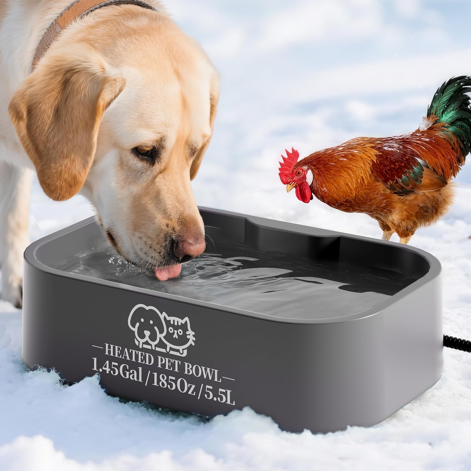 View 1 of 1.45 Gallon Extra-Large Heated Water Bowl for Dog&Cat,Outdoor Heated Dog Bowl with Anti-Chew Cord,Waterproof Heated Pet Bowl Provides Drinkable Water in Winter for Chickens,Squirrels,Rabbits,Grey