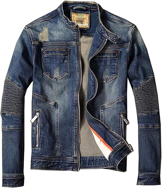Men's Motorcycle Biker Denim Jacket Stand Collar Zipper Retro Slim Fit