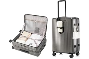 HotWay 26 Inch Expandable Checked Luggage with Cup Holder, Hardside TSA Approved Luggage with Spinner Wheels, Top Opening Suitcase For Travel, Gray