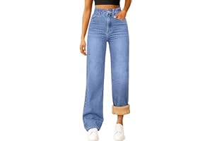 Godalithic Women's Fleece Lined Jeans High Waisted Straight Wide Leg Stretchy Winter Jean Cute Boyfriend Y2k Mom Denim Pants