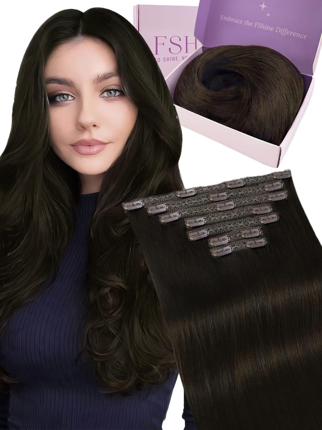 Fshine 7 Pcs 120g Clip in Real Human Hair Extensions Darkest Brown 18 Inch Clip in Human Hair Extensions for Wedding One Pack