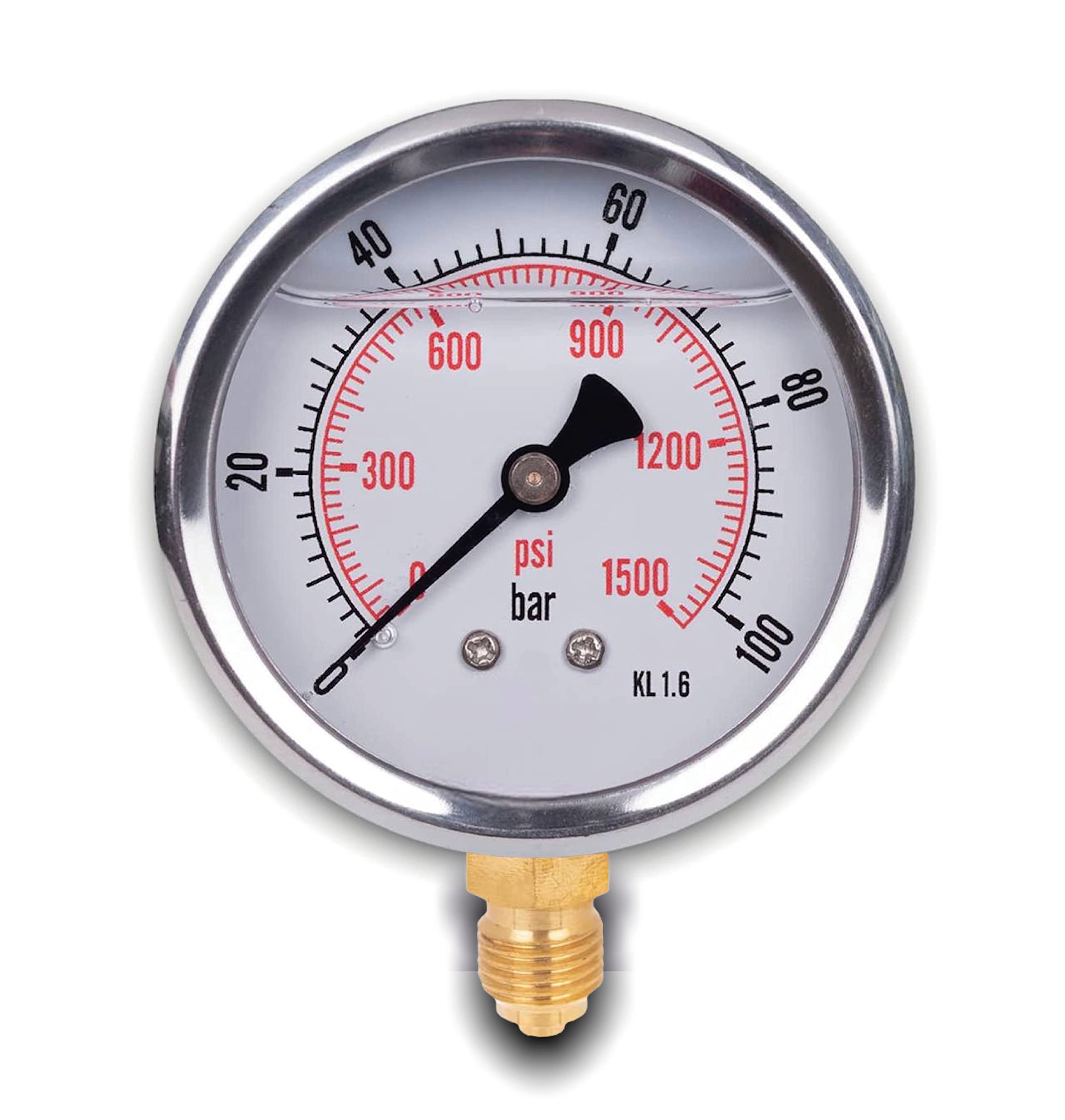 Stainless steel radial pressure gauge D.63 mm with 1/4 glycerine connector from the bottom (0-100 bar)