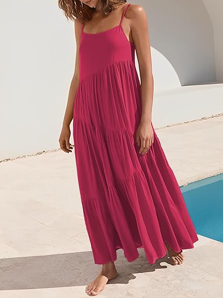 LCRRRN WOMENS FLOWY SUMMER DRESSES 2025 CASUAL LONG SLEEVELESS SPAGHETTI STRAP SUNDRESS ASYMMETRIC TIERED BEACH MAXI DRESS ROSE RED