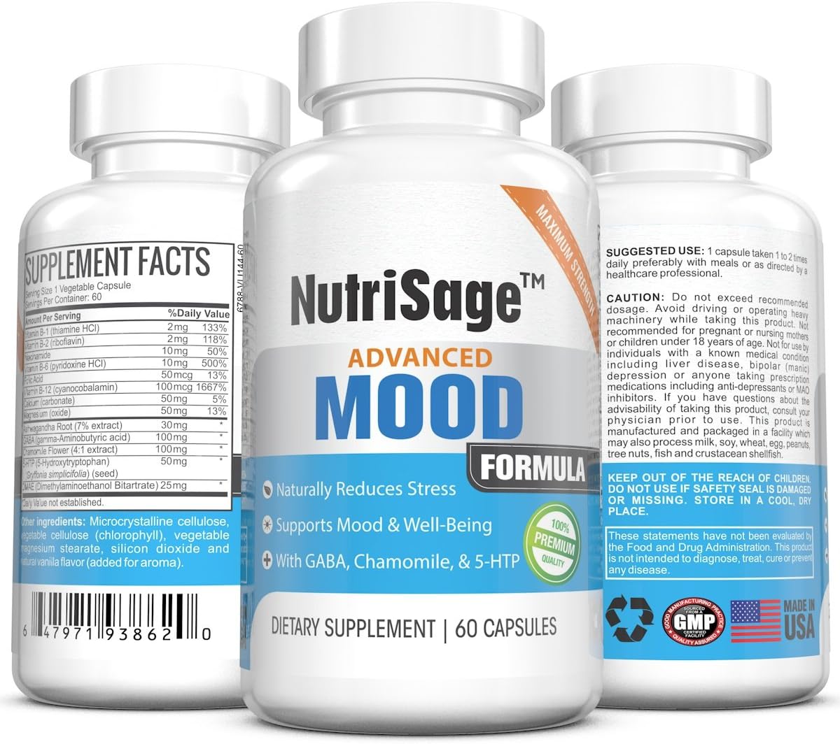 Premium Anxiety Relief & Natural Stress Support Herbal, Dietary Supplement – Supports Mood Enhancement, Calmness & Well Being – Contains Chamomile, GABA & 5-HTP - Made in USA - 60 Capsules