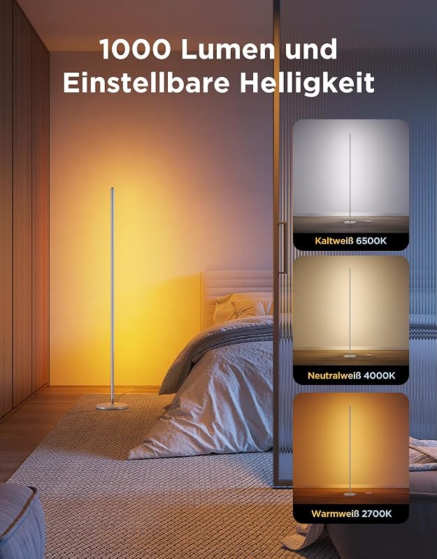 RGBIC LED Stehlampe Wohnzimmer, 1000lm Stehleuchte Dimmbar, Silber