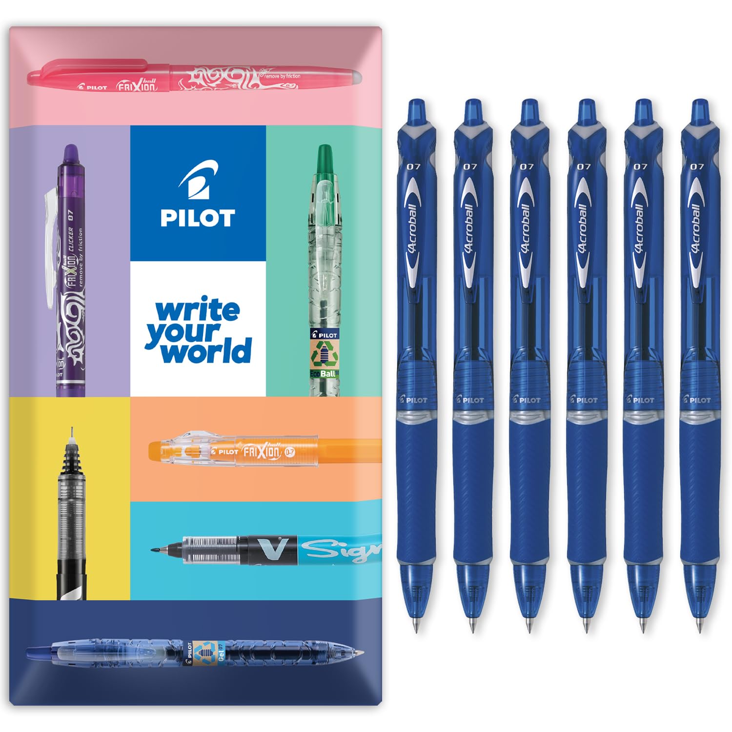 PILOT Acroball Retractable Ballpoint Pen - Begreen Range 79% Recycled - Pack of 6 Pens - Fine 0.7mm Nib - In Envelope Gift Packaging - Ideal for Writing, School, Home, Office. (Blue)