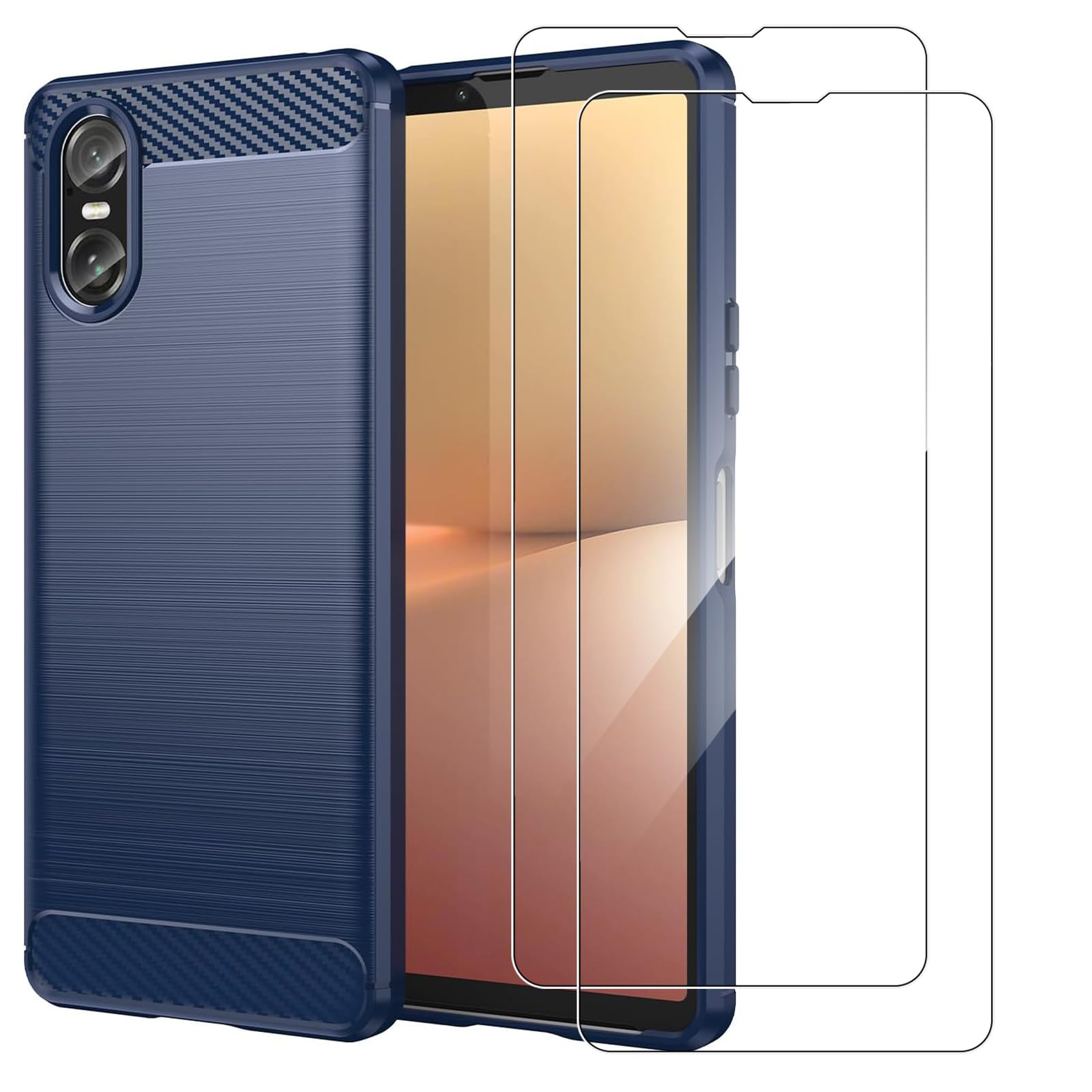 KUSINHOKA Case for Sony Xperia 10 VI + 2 Pack Screen Protector，Carbon Fiber Texture Soft TPU Shockproof Bumper Anti Drop Rugged Cover Ultra Slim Anti Scratch Phone Case,Blue