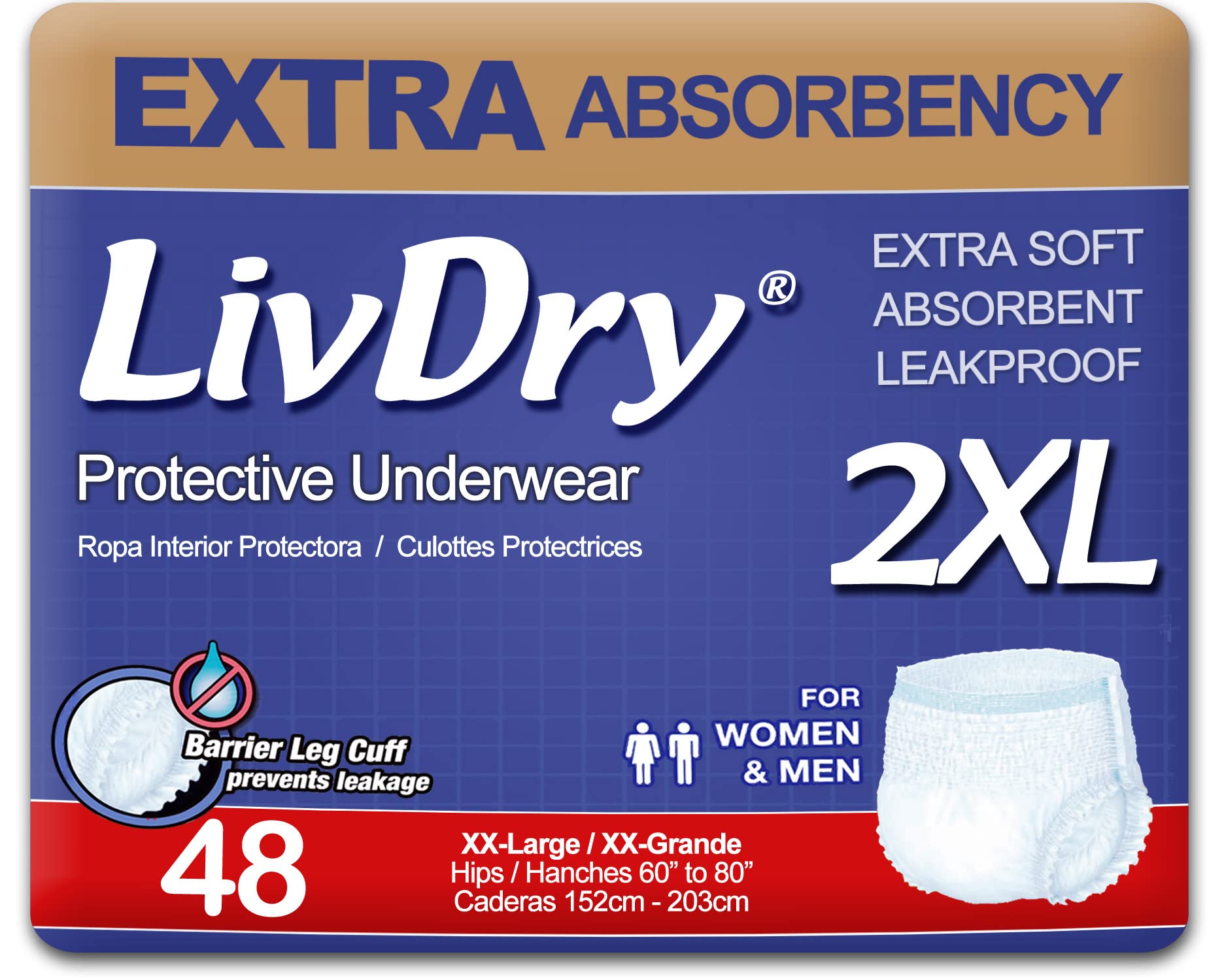Photo 1 of LivDry Adult XXL Incontinence Underwear, Extra Comfort Absorbency, Leak Protection, XX-Large, 48-Pack