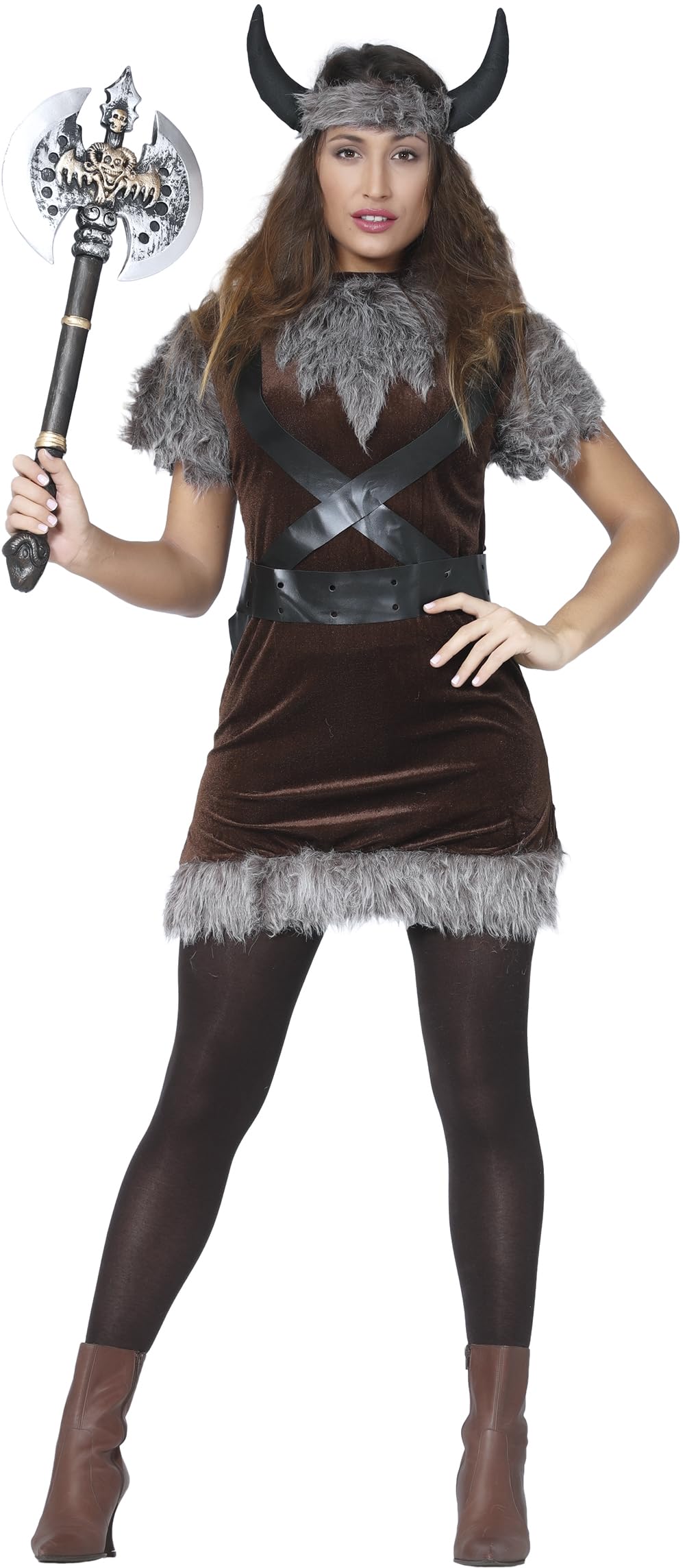 FIESTAS GUIRCA | Viking Woman Fancy Dress Costume Adult (14-16/L) - Dress, Headband, Belt and Horns - Nordic Warrior Costumes for Halloween, Carnival and Viking Parties - Brown and Grey