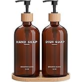 Amber Glass Hand and Dish Soap Dispenser Set by Brighter Barns - Kitchen Soap Dispenser Set with Tray - Bamboo Pump Bottles for Kitchen Sink - Modern Home Decor, Neutral Decor for Airbnb, Gift (Amber)