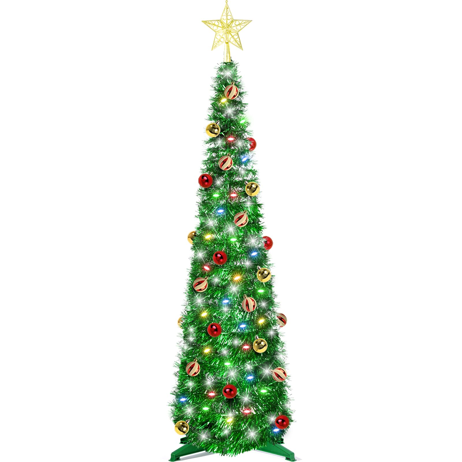 Photo 1 of 5 Ft Tinsel Christmas Tree with Timer 4 Modes 60 Warm White & Multi Color Change Lights 25 Ball Ornaments 3D Star Battery Operated Pop Up Artificial Tree Xmas Decoration Home Décor (Green)