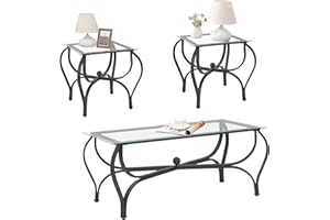 FILINGSKY 3-Piece Coffee Table Set, Tempered Glass Surface Living Room Sets, Coffee Table & 2 End Side Table, Metal Frame for Living Room, Home Office (Glass)