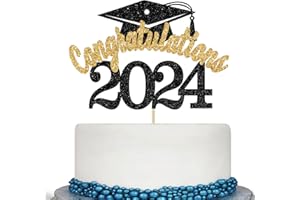 CALARJETA Congratulations 2024 Cake Topper, Class of 2024 Cake Decorations, Congrats Grad Party Decor, High School/College/University Graduation Party Decorations (Black and Gold Glitter)